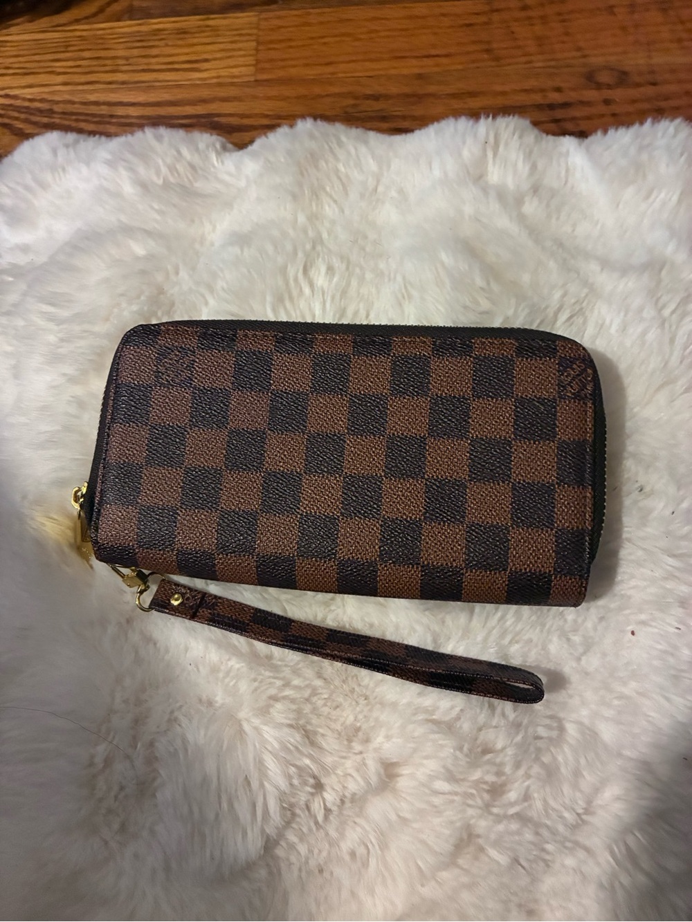 Brown Checkered Zip Wristlet Wallet